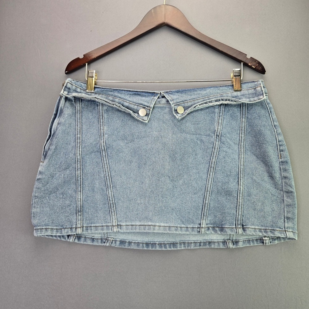 Fashion Nova Denim Mini Skirt Fold Over Waist XL Light Blue Y2K Side Zip